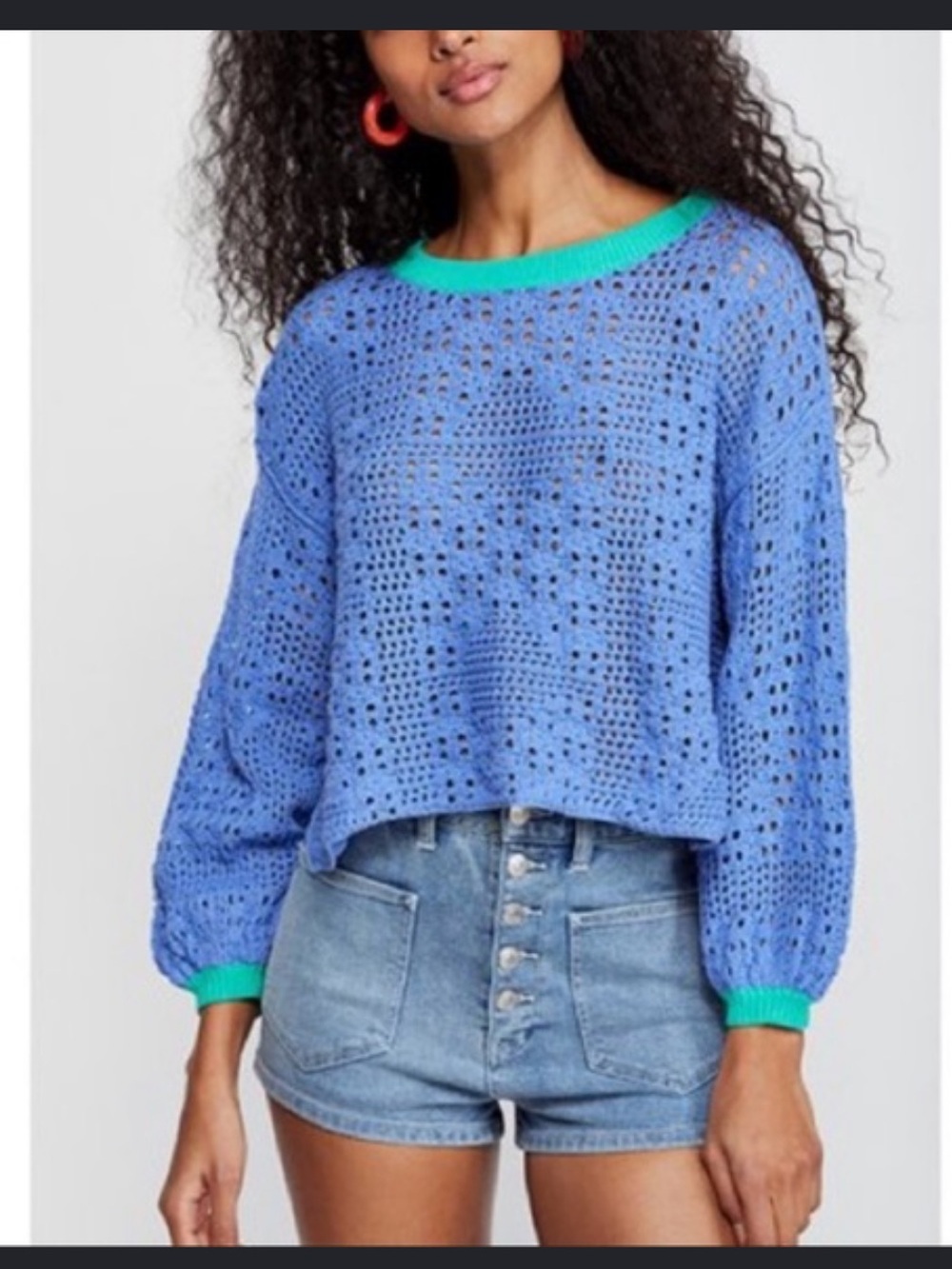 Free People Blue Open-Knit Sweater with Green Trim